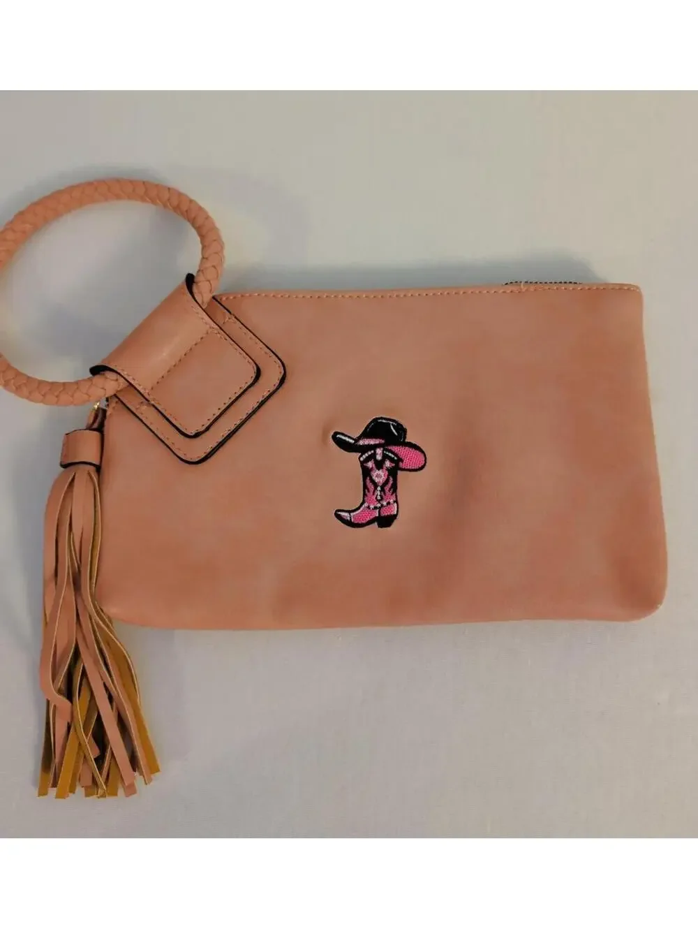 Blush Pink Faux Leather O-Ring Wristlet Clutch Cowgirl Boot Patch Western